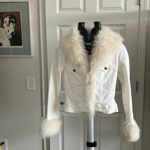 Vintage 90s Bebe white cotton & dyed lamb fur trim cropped jacket XS rare